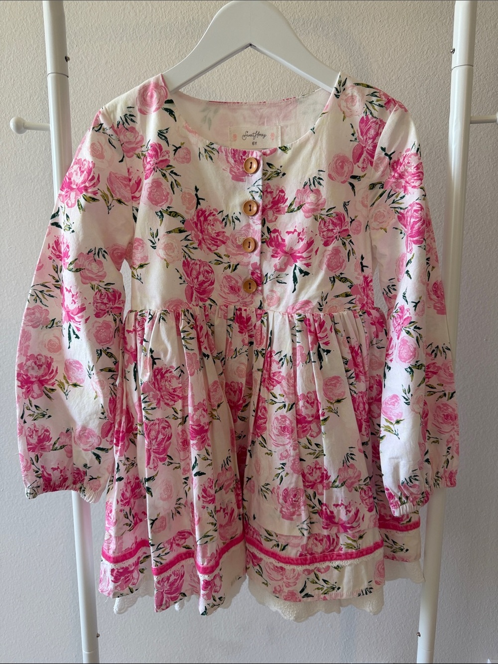 SweetHoney Cream and Pink Floral Button-Front Long Sleeve Dress
